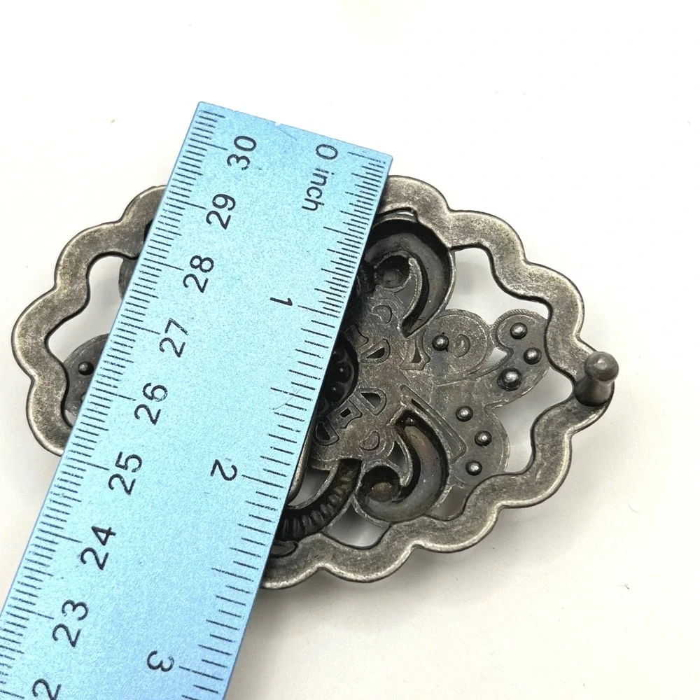 Vintage Silver Tone Floral Filigree Belt Buckle Pink‎ Blue Rhinestone 3.25in